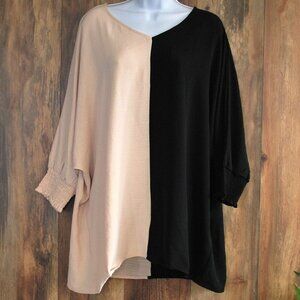 Cherry Cloth Plus Size 3/4 Sleeve Women's Oversized Blouse Tan/Black XL